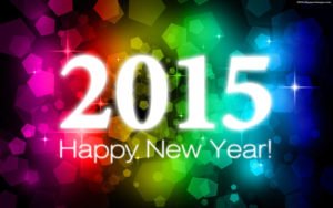 Happy New Year 2015, white letters on rainbow colored crystal shapes