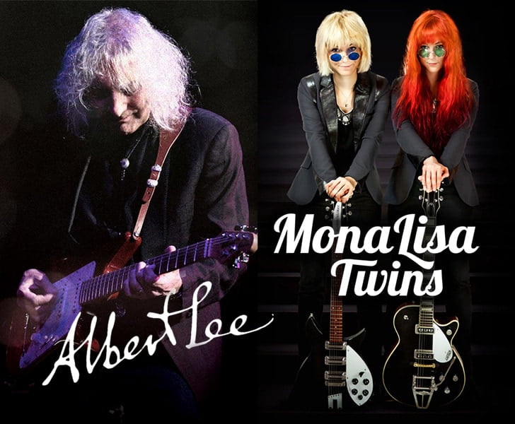 Double Photo of Albert Lee and the MonaLisa Twins with their respective logos