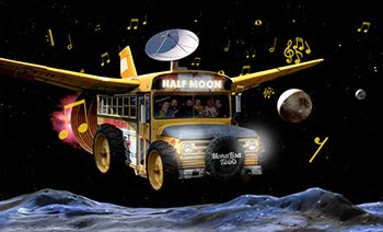 Spacebus, photomontage of a yellow schoolbus with wings and sat receiver flying through space