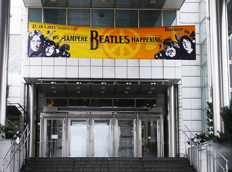 Entrance to Tampere Hall, Finland, decorated with Beatles Happening banner.