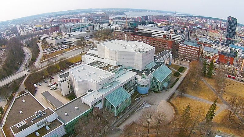 Aerial view of Tampere Hall and neighbourhood, Finland, shot with a drone.