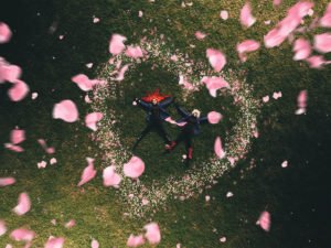 MonaLisa Twins lying on a grass field with pink rose flower petals falling down on them in the shape of a heart