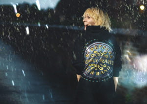 Mona in the rain with Sgt. Pepper Hoodie