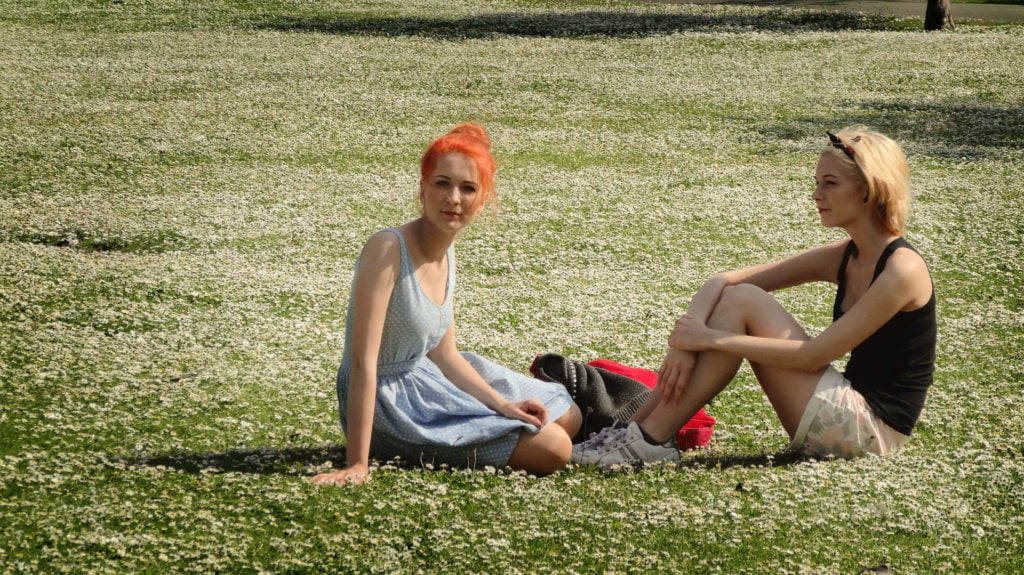 MonaLisa Twins relaxing on a daisies- covered meadow in Hyde Park, London