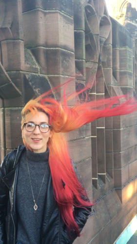 Liverpool Cathedral tower views of Lisa's hair