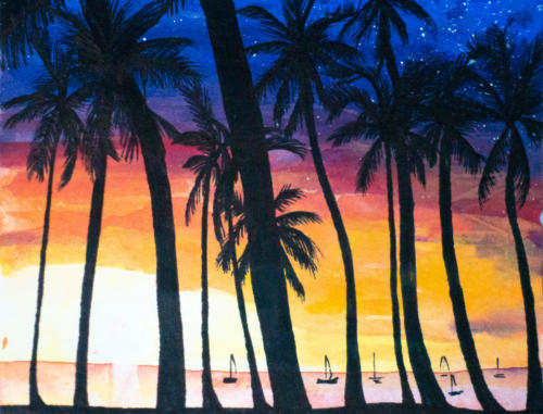"Silhouettes look pretty on the Beach" by Mona, Watercolor, 2018